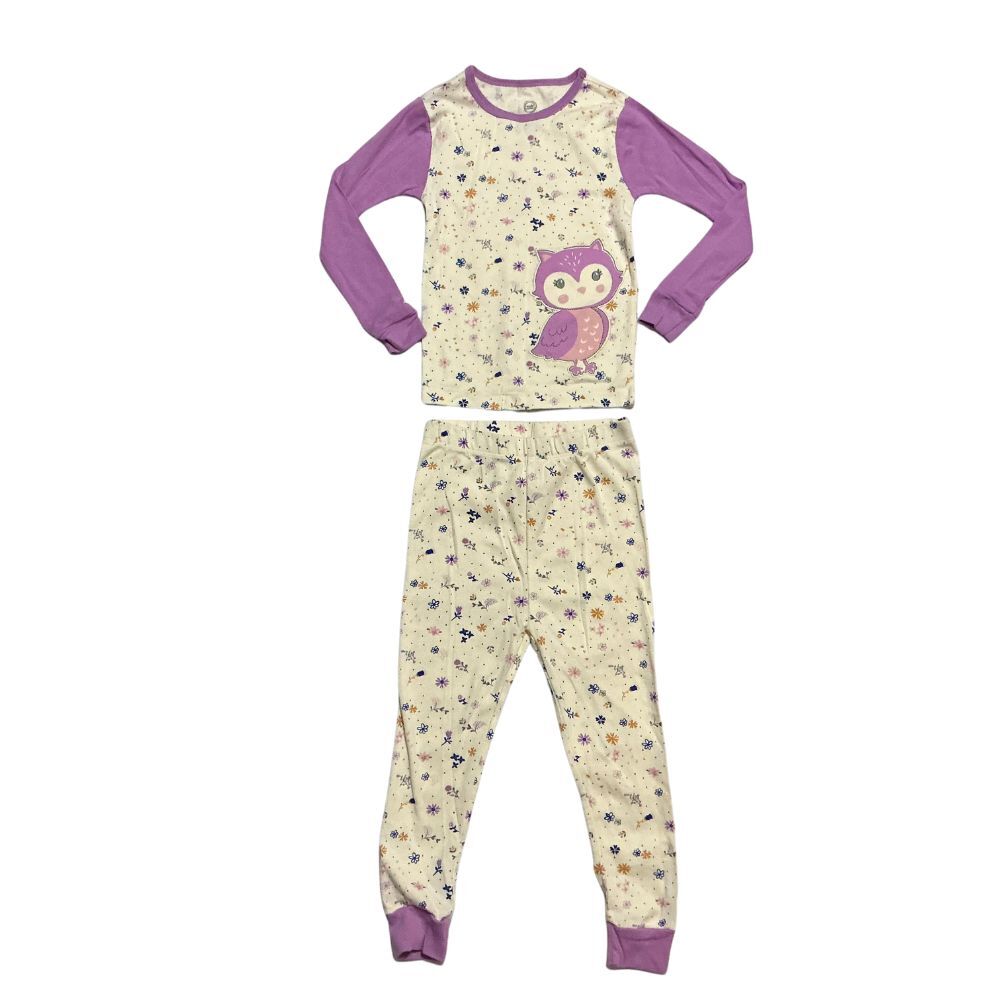 Girls 2-Piece Pajama Set Size 4T Snug-Fit Cotton Cream Purple Owl & Floral Print
